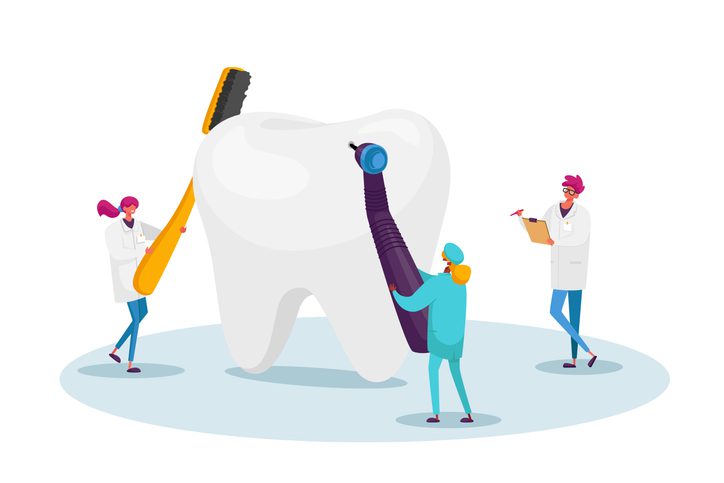 Tiny Dentists Characters Checking Huge Tooth for Caries Hole in Plaque. Doctors Hold Stomatology Tools Drill and Brush, Dentistry People Working for Teeth Dental Care.