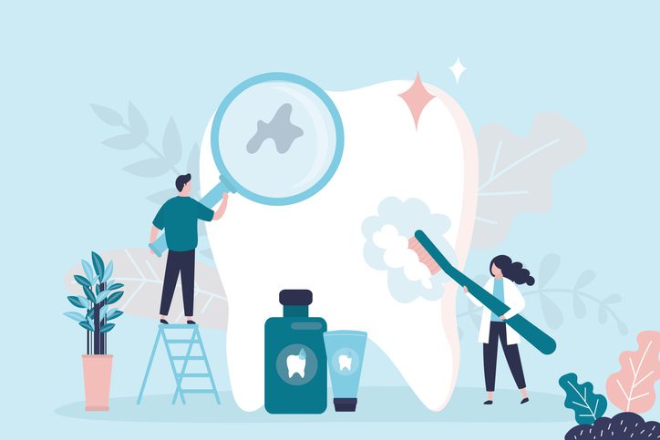 Dentist with magnifying glass examine and treat tooth for caries. Female specialist with toothbrush cleans large tooth. Concept of dental care, healthcare and stomatology. Flat vector illustration