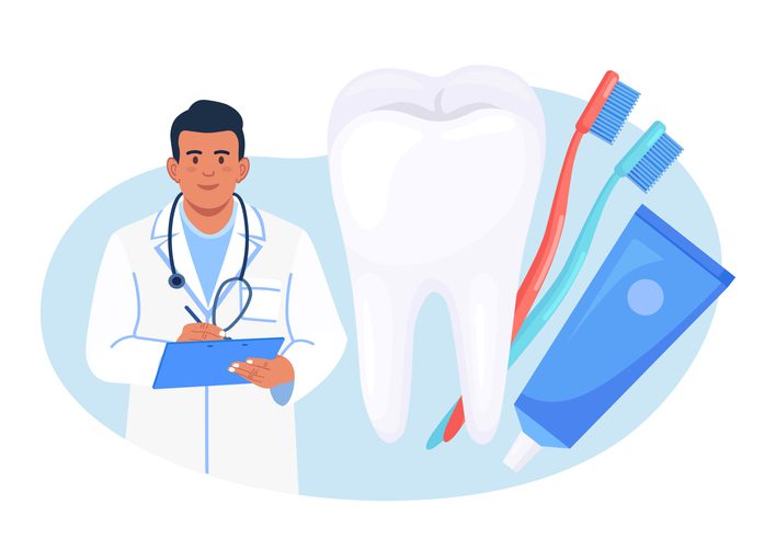 Doctor dentist brush patient teeth, remove plaque, treat tooth decay. Stomatological problems, dental care and hygiene. Stomatology occupation to protect human teeth from caries and health prevention